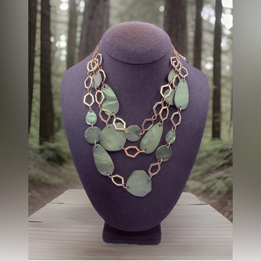 Three Strand Asymmetric Green Shell And Goldtone Links Necklace